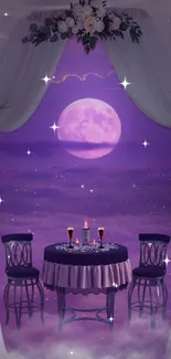 Romantic purple dining setup under moonlight with flowers and drapes.