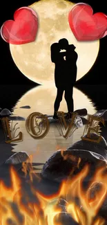 Romantic silhouette couple with moonlit background, hearts, and fire.