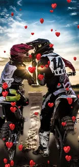 Motocross couple with hearts at sunset.