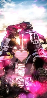 Romantic motocross couple with pink hearts and vibrant colors on a dirt track.