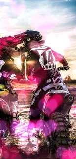 Motocross couple shares a moment during sunset ride with pink heart accents.