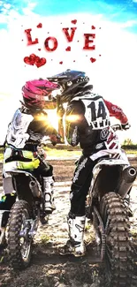 Romantic motocross riders embrace under a vibrant blue sky with love symbols.