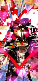 Motocross riders embracing with heart and colorful design.