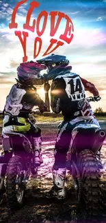 Motocross couple at sunset with love in the air.