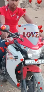 Romantic motorbike wallpaper with love hearts.