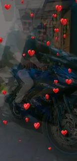 Romantic scene with red hearts and friends on a blue motorcycle.