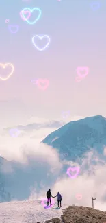 Romantic mountain scene with glowing hearts in sky.