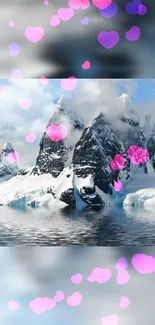 Snow-covered mountains with floating pink hearts on a serene, reflective surface.