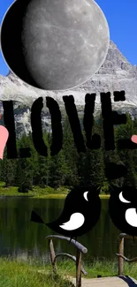 Romantic love wallpaper with mountains and birds.