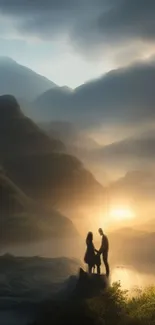 Couple silhouette at sunrise in serene mountain scenery.