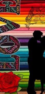 Multicolor love wallpaper with couple and artistic elements.