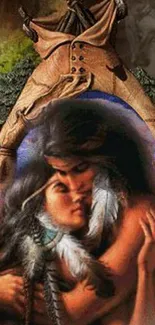 Native American style romantic embrace wallpaper.