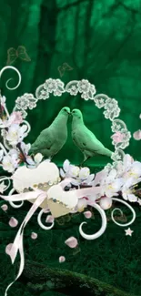 Two doves surrounded by floral decor in a green forest wallpaper.