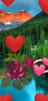 Romantic hearts and nature mobile wallpaper with vibrant colors.