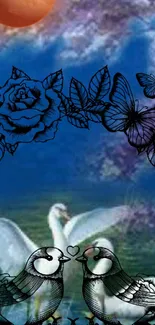 Romantic wallpaper featuring swans, butterflies, and a floral design with blue tones.