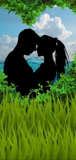 Silhouette of a couple in lush green nature with a bright sky backdrop.