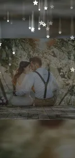 Romantic wallpaper with couple under stars.