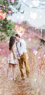 Romantic couple walks along a scenic nature path.