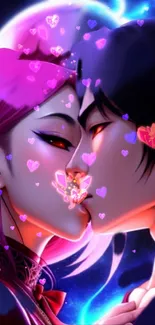 Romantic anime couple sharing a neon kiss under glowing hearts.