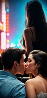 Couple kissing in theater with neon city lights in background.