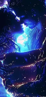 Couple embracing in neon blue light.