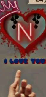 Neon heart with letter 'N' and crown design.
