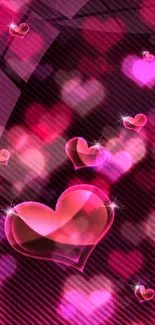 Neon pink hearts on dark background wallpaper.