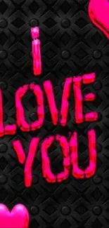 Neon I Love You wallpaper with pink hearts on a black background.