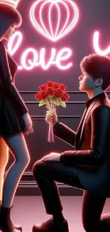 A romantic neon scene with a couple, roses, and 'Love' sign.