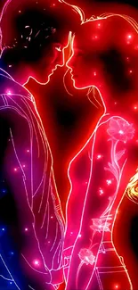 Neon silhouette art of embracing couple with floral accents.