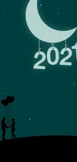 Silhouette couple with 2021 text under crescent moon in night sky.