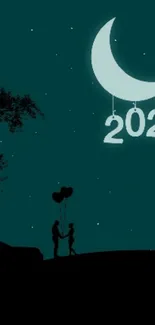 Silhouette couple under crescent moon 2021 night scene wallpaper.