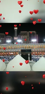 Sacred site at night with red hearts.