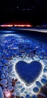 Glowing stone heart on moonlit beach night.