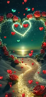 Romantic beach at night with roses and glowing heart.