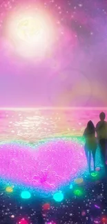 Romantic couple on colorful beach under moonlight.