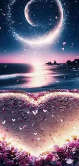 Romantic heart beach with crescent moon at night.