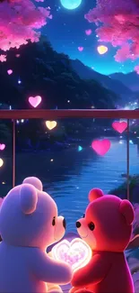 Romantic night scene with two cute bears under a starry sky and cherry blossoms.