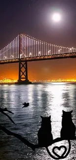 Nighttime bridge, moon, and cat silhouettes wallpaper.