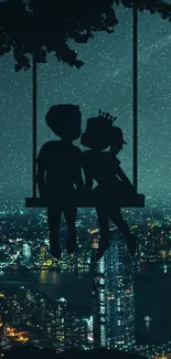 Silhouetted couple on swing over a city under a starry night.