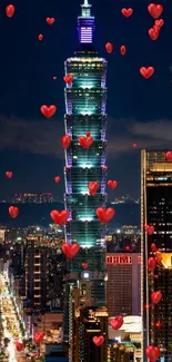 Romantic night city skyline with floating red hearts.