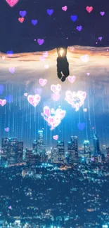 Cityscape with glowing hearts at night and a silhouetted figure.