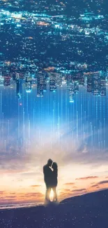 Romantic couple silhouette with cityscape and sky.