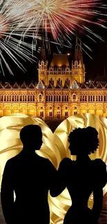 Silhouette couple with fireworks and city backdrop for romantic wallpaper.