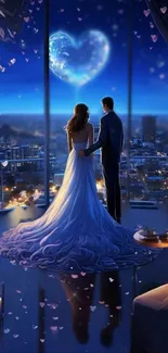 Romantic couple overlooking a city with a heart-shaped sky.