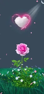 Romantic wallpaper with glowing heart and pink rose under night sky.