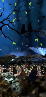 Romantic night forest wallpaper with owls and butterflies.