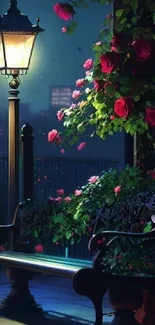 Serene night garden with lamp and roses.