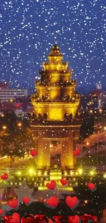 Romantic night scene in Phnom Penh with golden buildings and heart overlays.