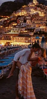 Romantic couple embracing on Positano's beach at night.